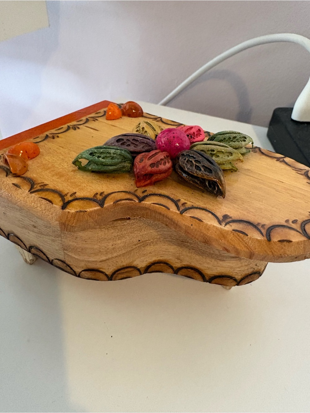 Hand-Carved Wooden Trinket Box with Colorful Seed Inlay
